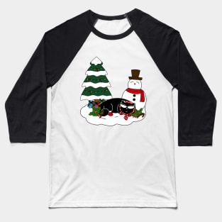 Winter Cat with Christmas Tree and Snowman Baseball T-Shirt